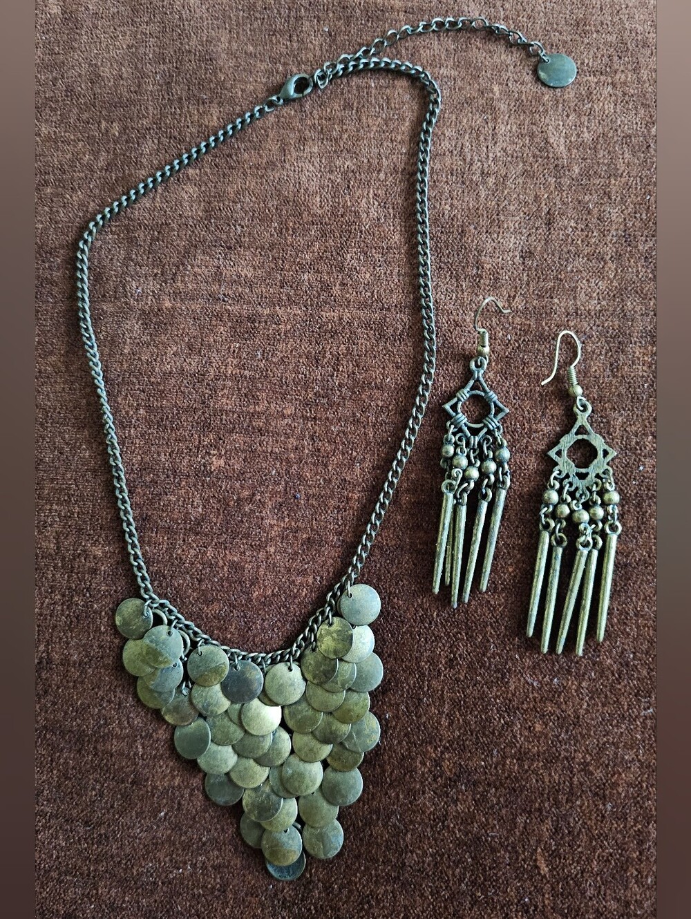 Vintage Brass Boho Coin Necklace and Dangle Earring Set